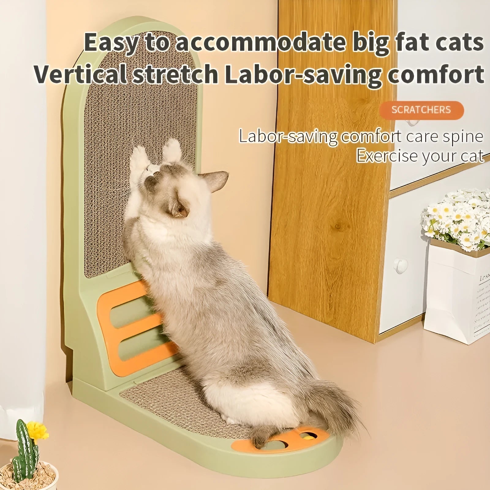 Grey L-shape cat scratching board with sisal surface, shown vertical against a wall.