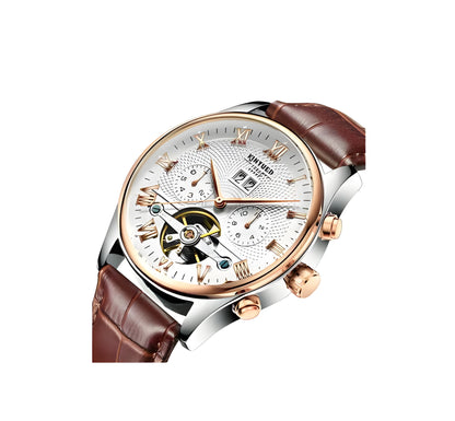 Men's automatic hollow tourbillon mechanical watch, 42mm alloy case, leather band, black or brown