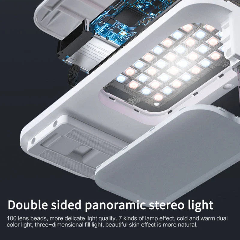 Adjustable multi-angle phone holder with integrated lighting and Bluetooth remote control for mobile photography and video recording