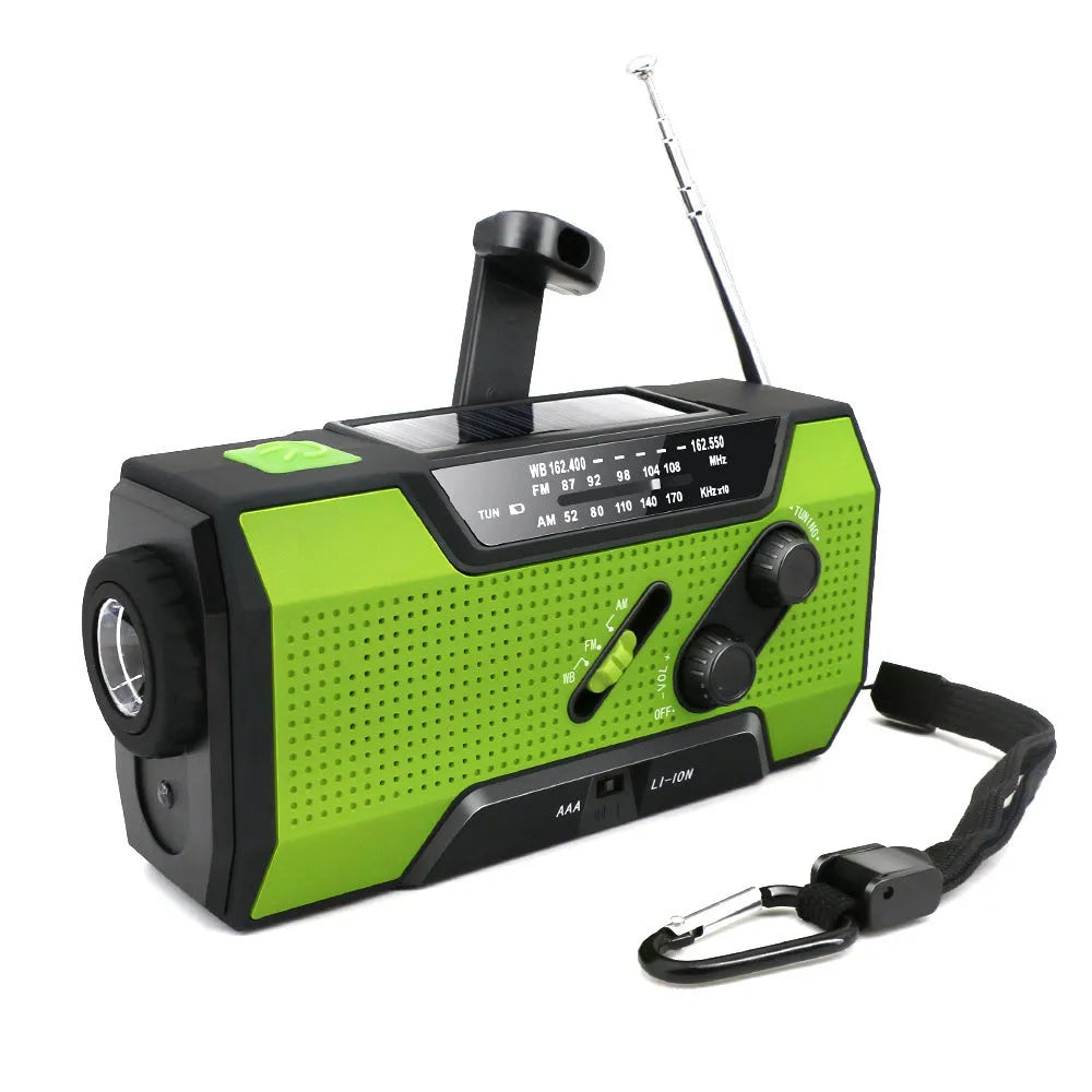 Pocket solar radio in green, red, white, or yellow with engineering plastic body, solar charging, and waterproof build.