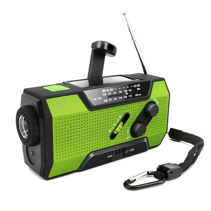 Pocket solar radio in green, red, white, or yellow with engineering plastic body, solar charging, and waterproof build.