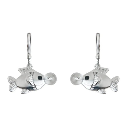 A pair of copper bubble fish earrings with electroplating, showing animal design in a sweet cool style.