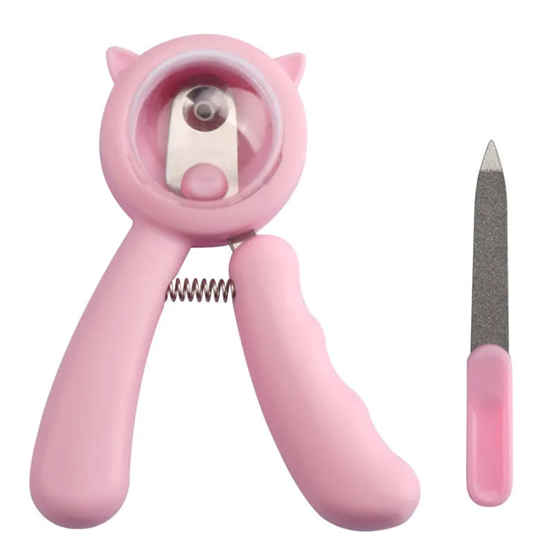 Blue pet nail clipper with stainless steel sickle blade and safety guard for trimming dog or cat claws.