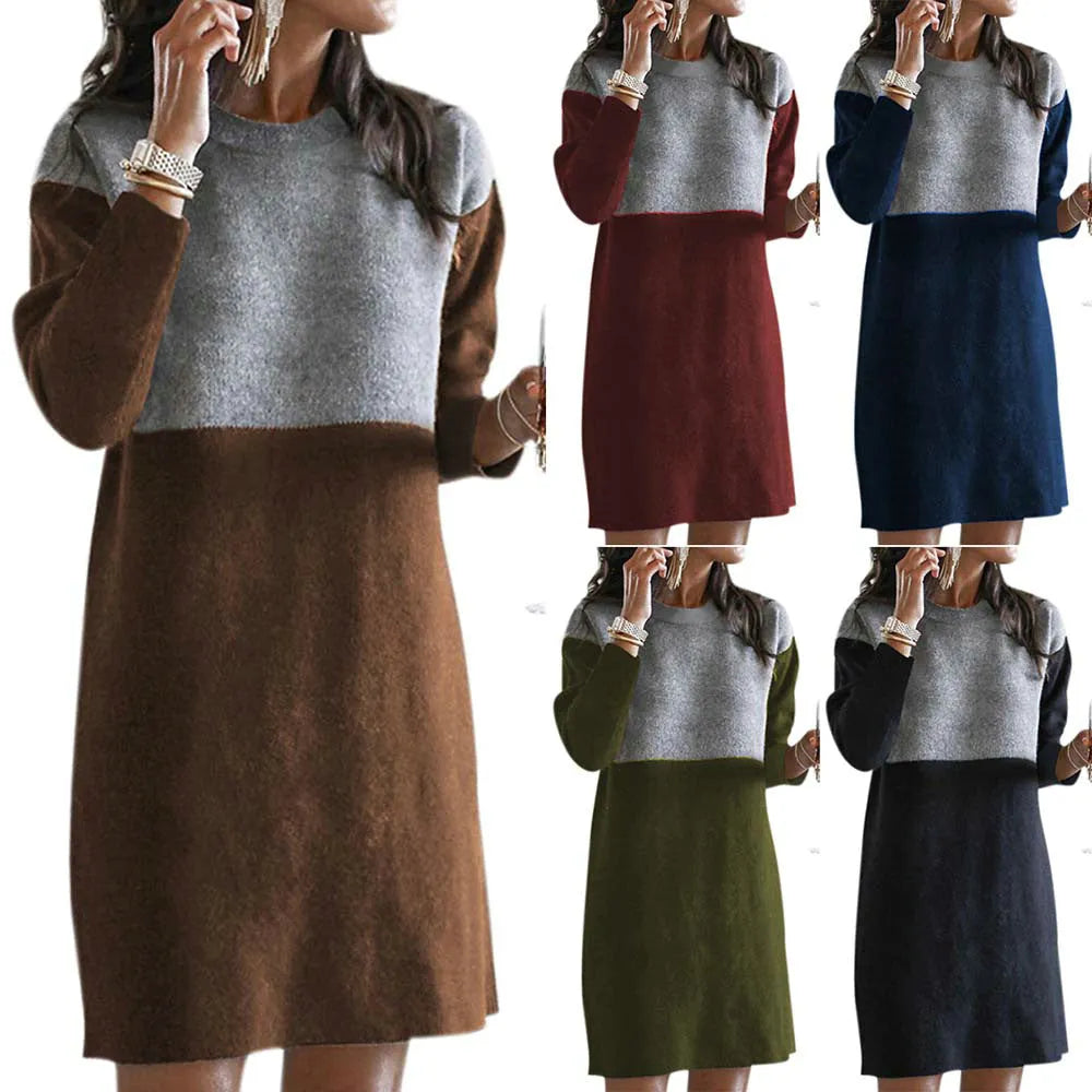 Brown women's long sleeve patchwork dress with a round neck and loose retro fit.