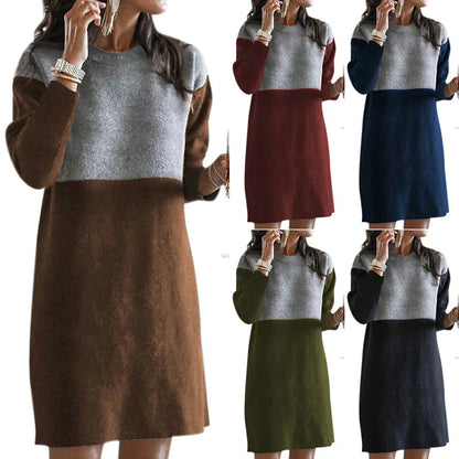 Brown women's long sleeve patchwork dress with a round neck and loose retro fit.
