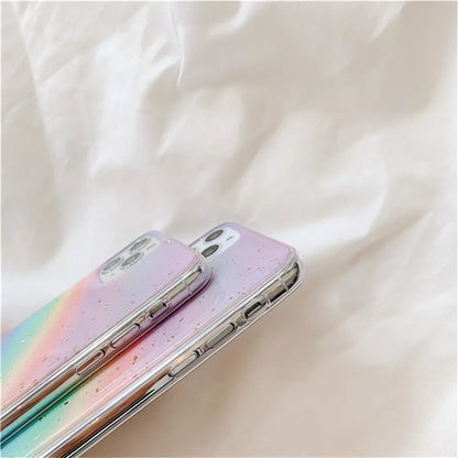 Rainbow gradient phone case with striped design elements on iPhone