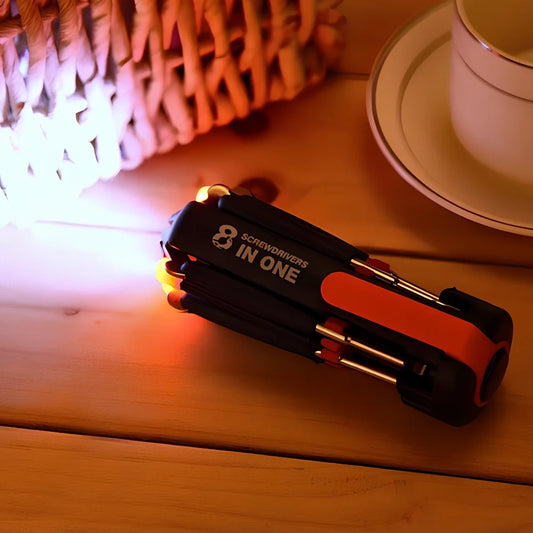 8-in-1 multifunctional screwdriver set with LED light, 12.50 cm long, including slotted and Phillips bits 1.8-6.0mm for repairs