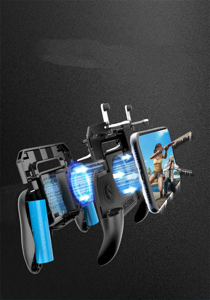 Black USB mobile game controller with aluminium alloy trim for smartphones, showing grip and action buttons.