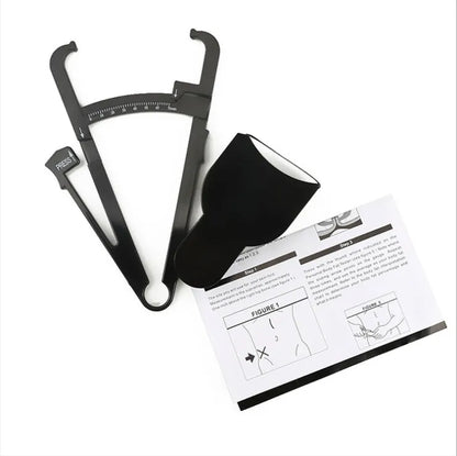 Black ABS body fat caliper measurement tool showing 0-70mm range scale