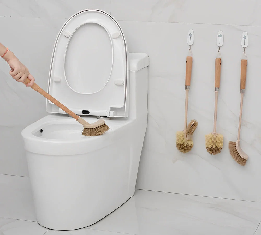 Wooden handle toilet brush with 360-degree bristle coverage for complete toilet cleaning