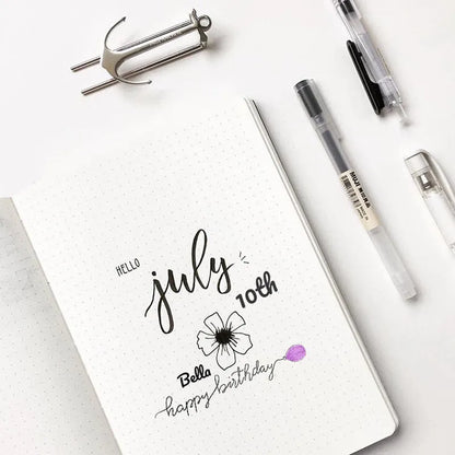 Blue soft imitation leather A5 dotted notebook open on dot grid pages.
