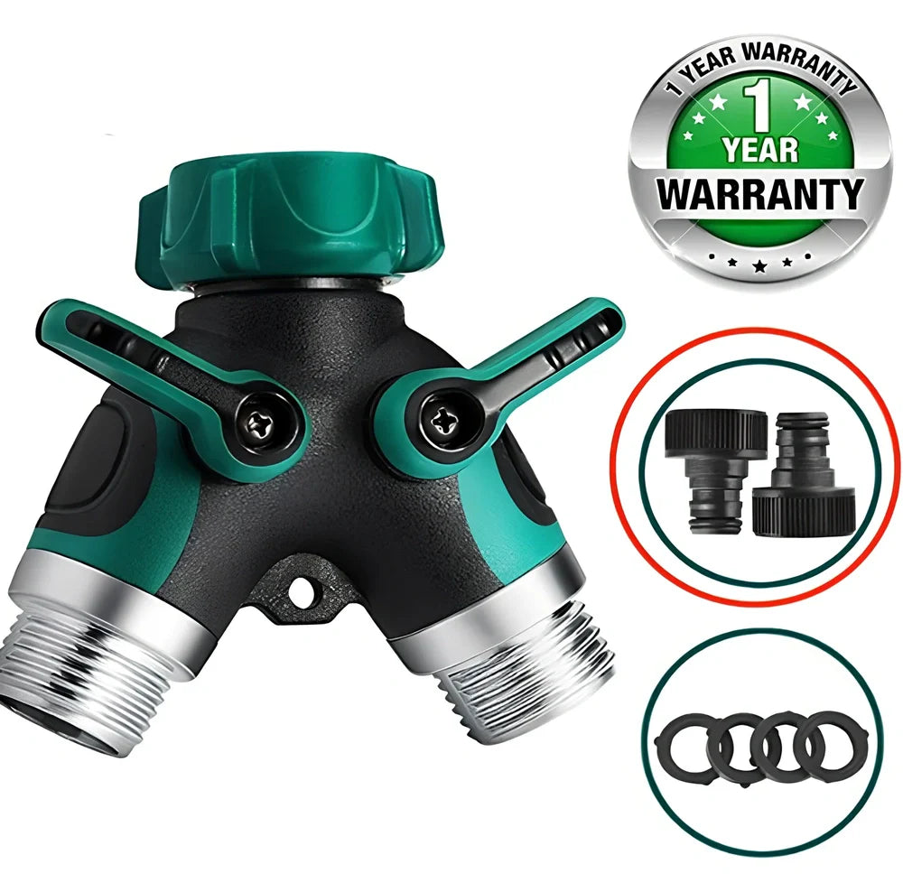 Green plastic Y-shaped water splitter with zinc alloy outlets and copper inlet measuring 94mm