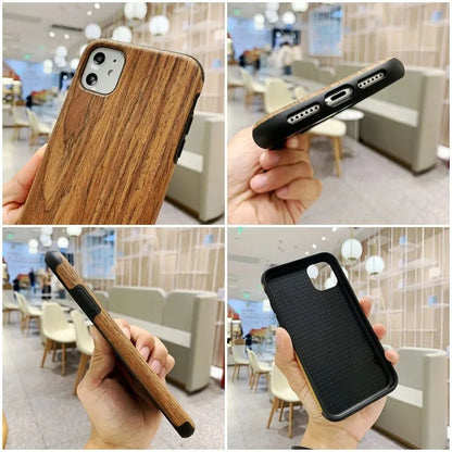 Slim natural wood iPhone case in teak, walnut, black rose, and rosewood colours.