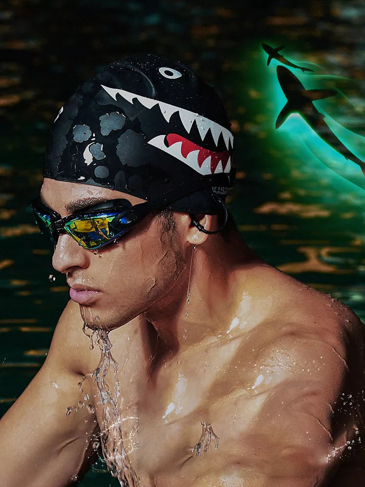 Printed silicone swimming cap in large size for unisex use