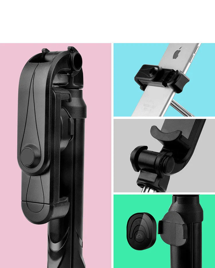 Black aluminium phone tripod stand with extended legs and a Bluetooth remote, holding an iPhone.
