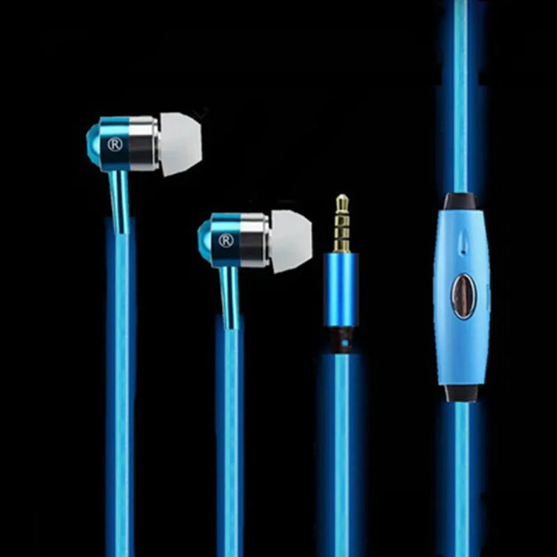 Magic Light LED Earphones in blue, green, or pink with aluminium alloy shells and EL light lines syncing to music rhythm.