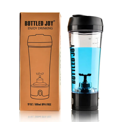 Black USB electric shaker bottle with measurement markings and automatic mixing technology