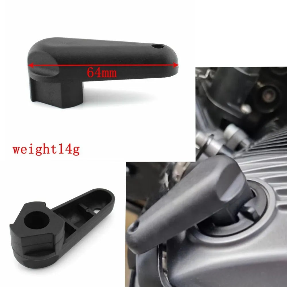 Black nylon quick-release wrench for BMW motorcycle oil cap on white background