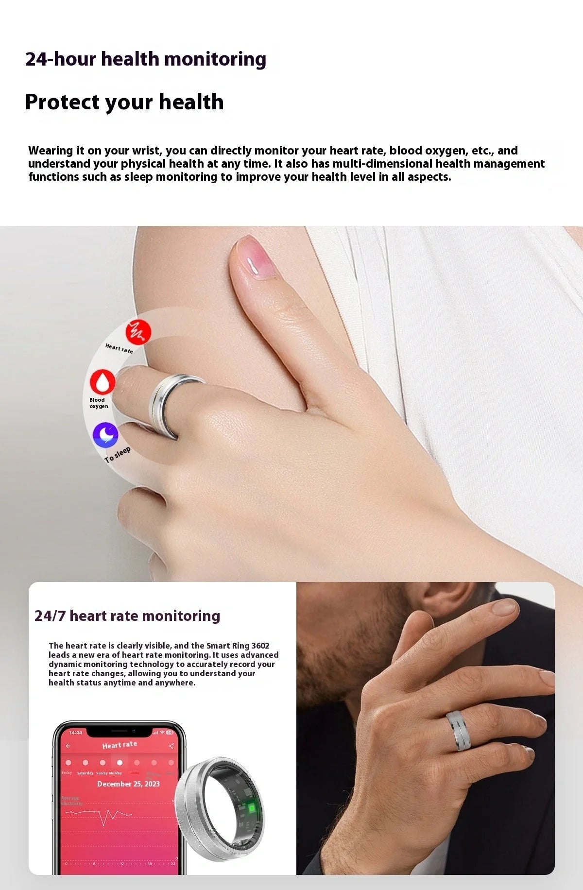 2024 Smart Ring with health monitoring features in various colors and sizes