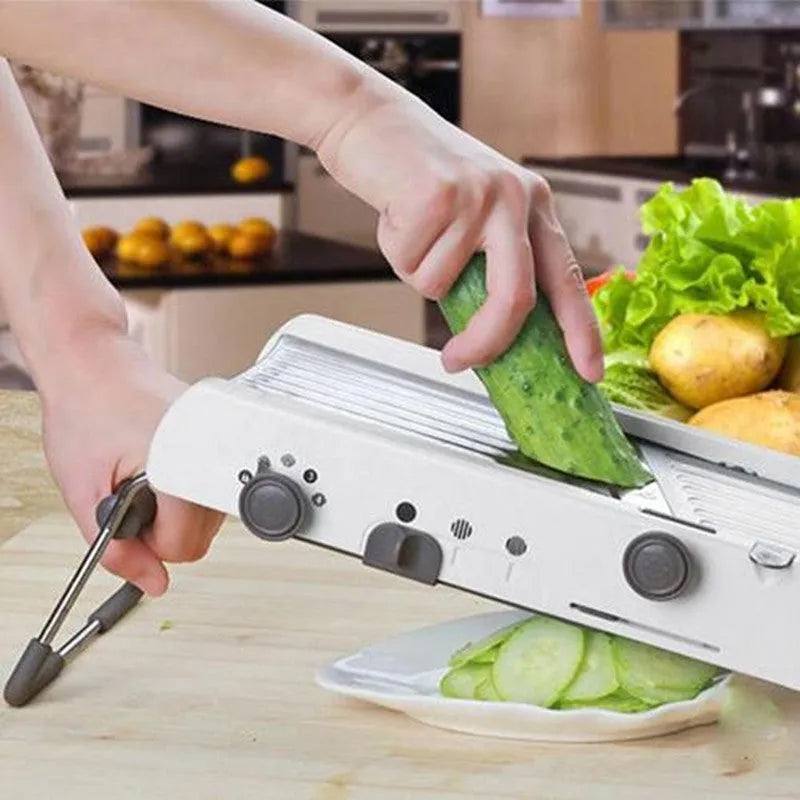 Multi-functional kitchen cutter slicer with stainless steel blades, adjustable slice thickness from 1mm to 7.5mm, food-grade material for cucumber carrot potato vegetables, white colour