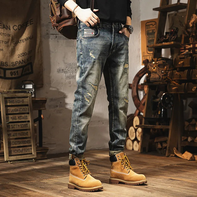 Men's Retro Heavy Washed Jeans in vintage blue wash, straight-leg loose fit pants with fleece-lined cotton denim construction and drawstring closure, available in Asian sizes 28 to 36.