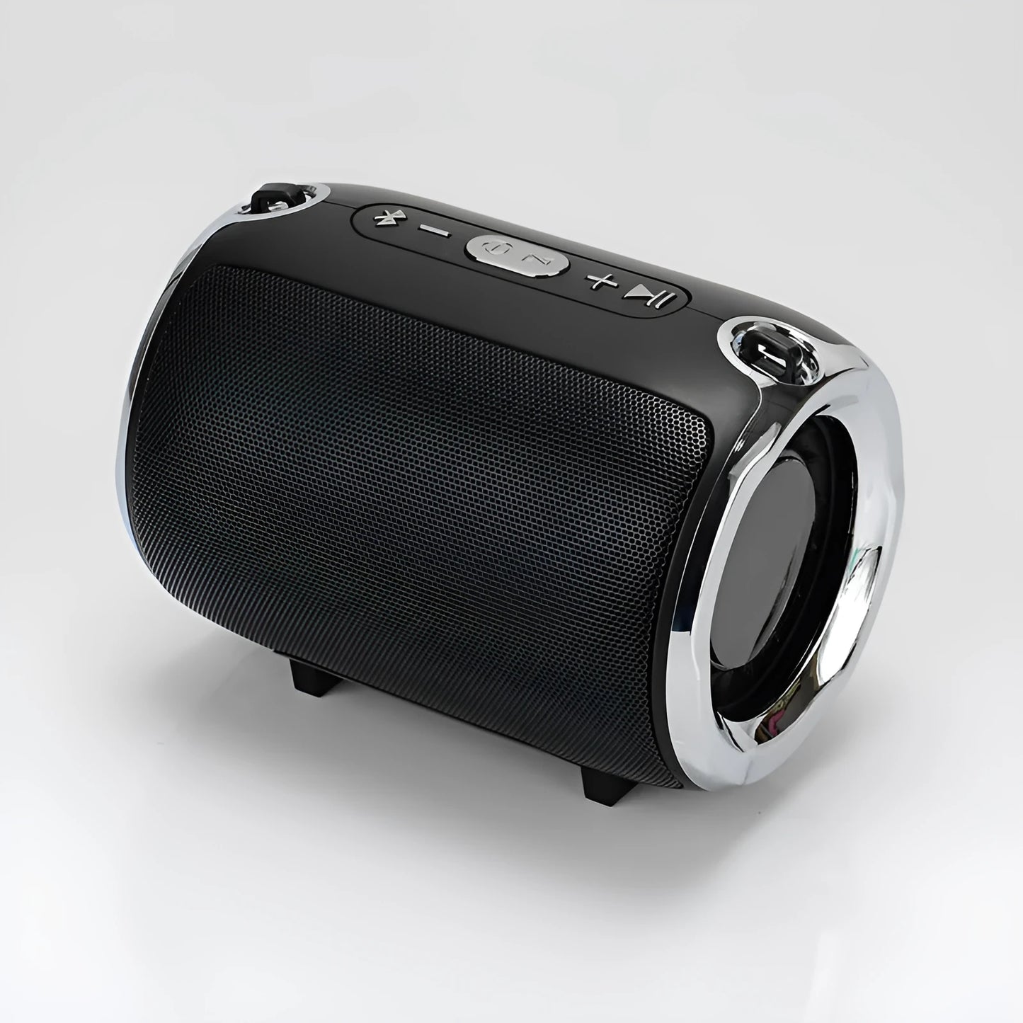 Portable metal sound card reader with subwoofer in black, blue, golden, red, or silver colour options.