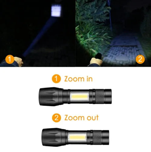 Mini black aluminium alloy telescopic LED flashlight with clip and zoom adjustment