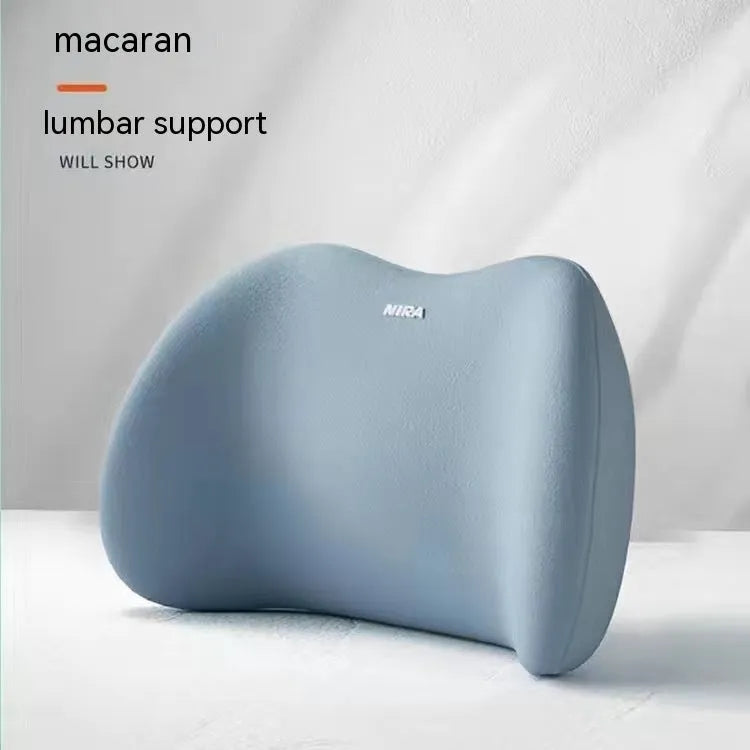 Car headrest pillow and lumbar support pillow set in a choice of five colours on a car seat.