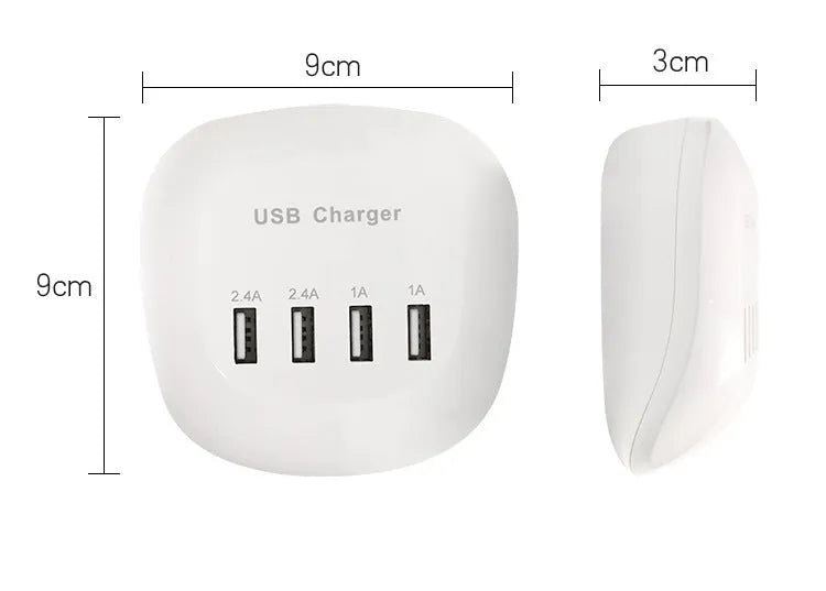 White dual port USB wall charger with either EU two-pin or US two-pin plug style