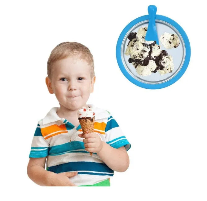 Blue manual fried yogurt ice cream maker with ice tray and serving shovels