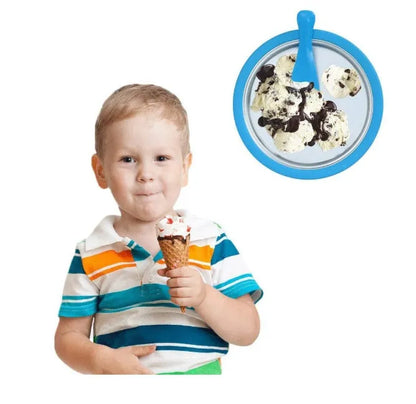 Blue manual fried yogurt ice cream maker with ice tray and serving shovels