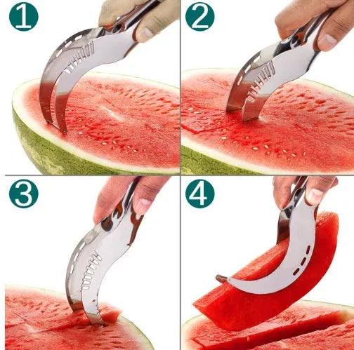 Silver stainless steel melon cutter for slicing watermelon and other large fruits.