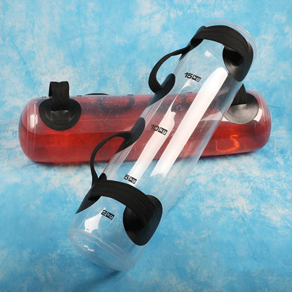 Transparent PVC inflatable water weight bag for adjustable strength training from 5kg to 35kg.