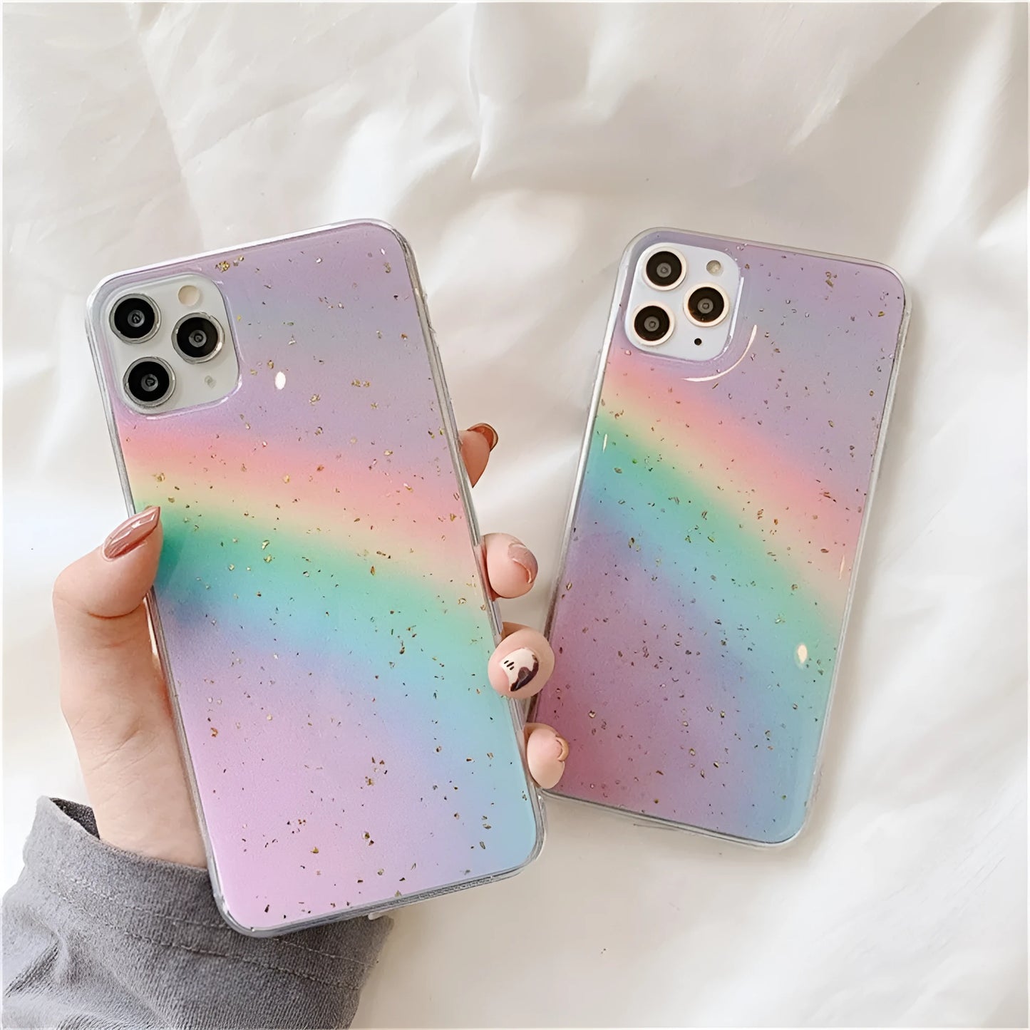 Rainbow gradient phone case with striped design elements on iPhone