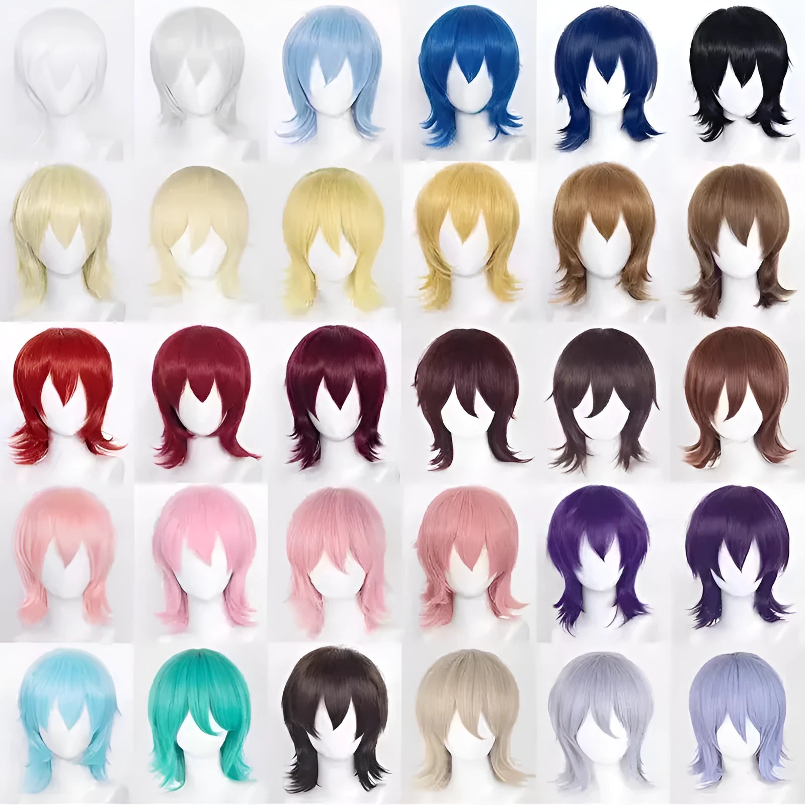 Short-length anime cosplay wig in high-temperature fibre on a stand.