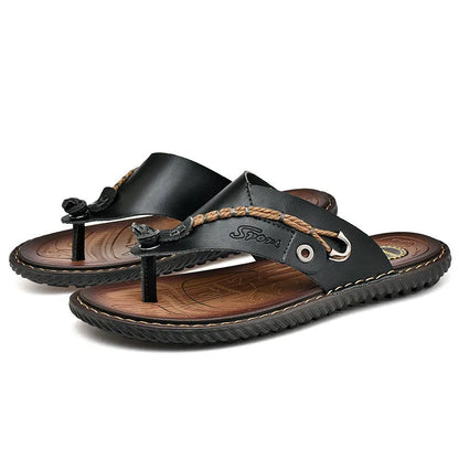 Men's black PU leather casual slippers with non-slip sole on a white background