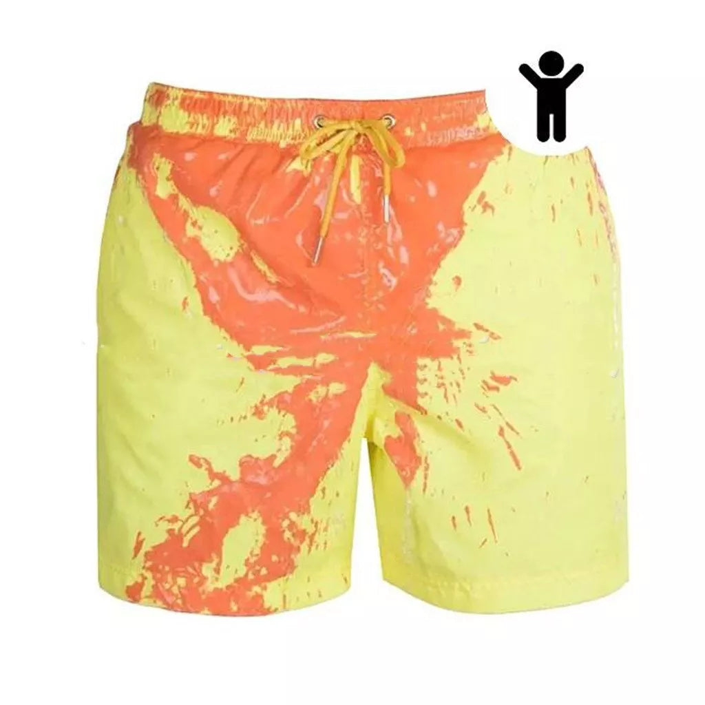 Men's colour-changing beach shorts in various colours, showing quick-dry and water-reactive features