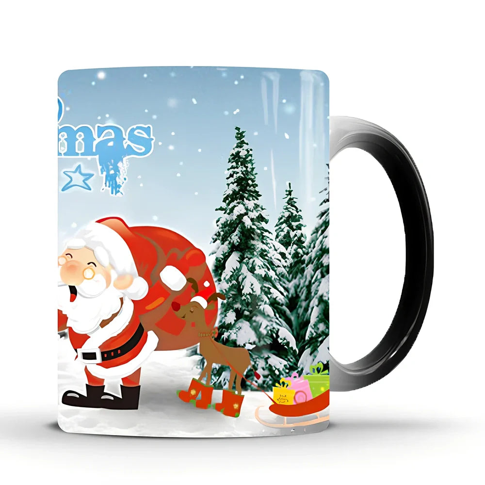 Christmas magic mug showing colour transformation from black to festive patterns when filled with hot liquid