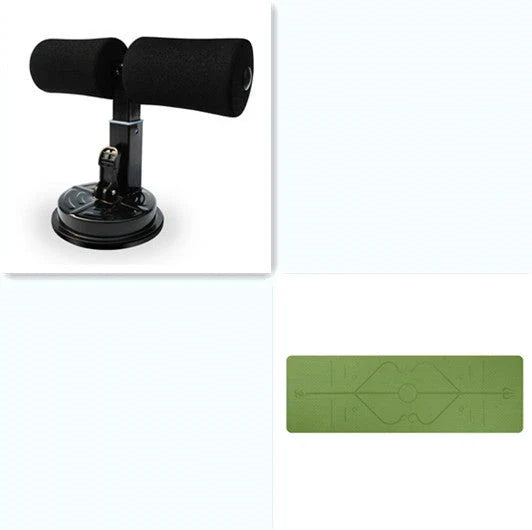 Compact sit-up strength trainer with steel springs and foam padding for home fitness
