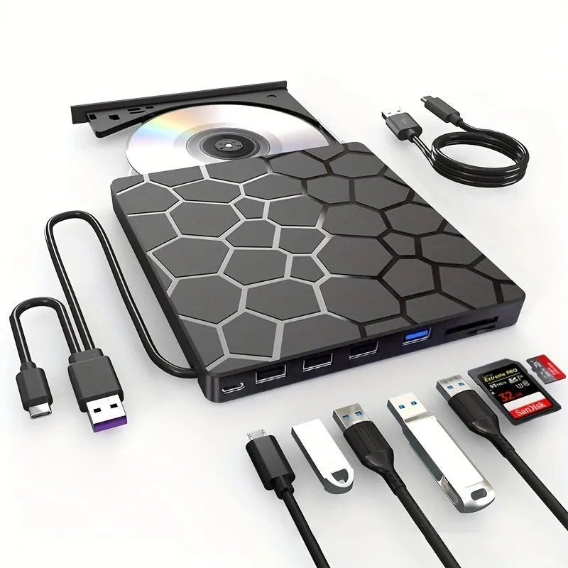 Black external USB CD drive burner with compact dimensions for portable disc reading and writing.