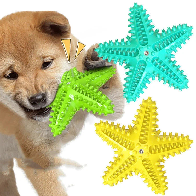 Starfish Vocal Pet Dog Toy Molar Stick in lake blue, yellow, and green