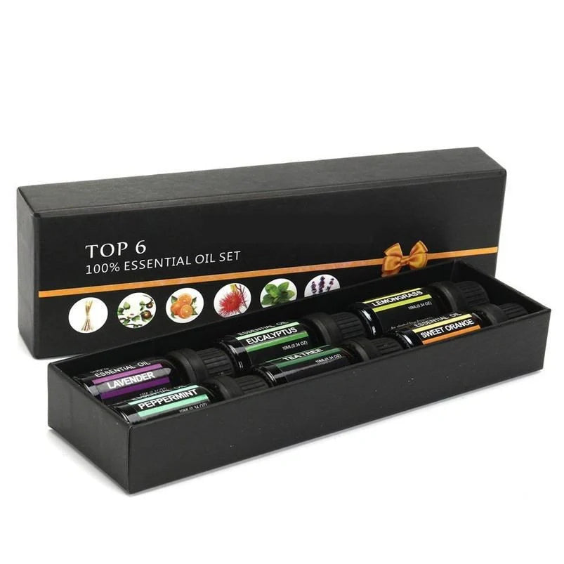 Essential oil massage aromatherapy set with six 10ml bottles of orange, lavender, tea tree, peppermint, eucalyptus, and lemongrass oils
