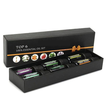 Essential oil massage aromatherapy set with six 10ml bottles of orange, lavender, tea tree, peppermint, eucalyptus, and lemongrass oils