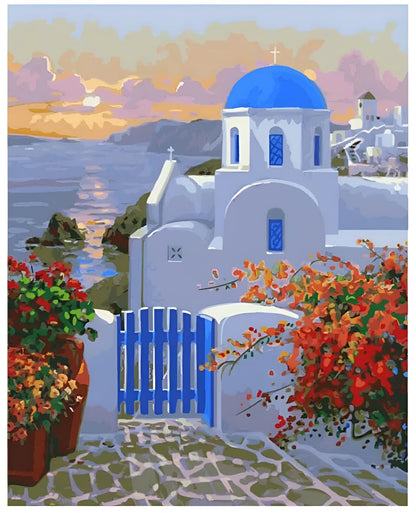 DIY digital oil painting kit showing sea view villa pattern on 40x50cm linen canvas with acrylic paints and brushes