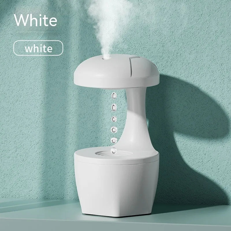 White, pink, and green column-shaped USB-powered ultrasonic humidifier.