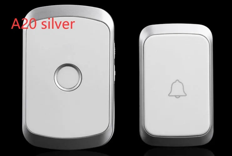 Wireless doorbell button and plug-in chime unit with 300m range, shown in silver finish.