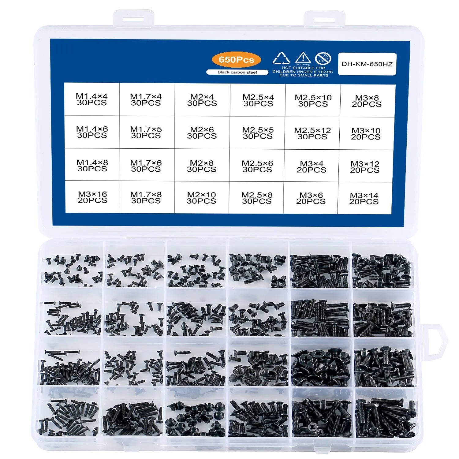 Black laptop machine screws with countersunk cross heads, shown in loose pile and close-up