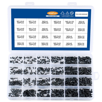 Black laptop machine screws with countersunk cross heads, shown in loose pile and close-up