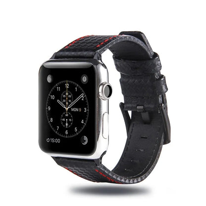 Leather Apple Watch strap with carbon fibre pattern case in red, black, orange, and blue colour options.