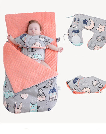 Newborn baby blanket with warm fleece and stroller cover in pink horse design